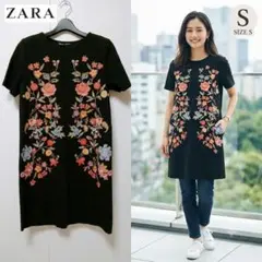 ZARA ザラ 花柄 ボタニカル 刺繍 半袖 ワンピース チュニック 黒 S — image 1