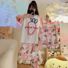 新商品　夏　部屋着　パジャマ　ルームウエア　半袖 三点セット　いちご — image 1