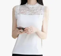 [fourfivesixはる] レース ハイネック ノースリーブ 白 XL — image 1