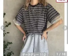 【ラス1】しまむら　おなつ　コラボ　マルチボーダー　Tシャツ　ダークグレー — image 1