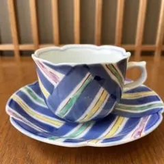 コーヒーカップ＆ソーサー　ストライプ線紋　陶器 — image 1