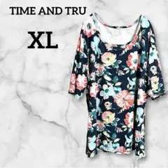 TIME AND TRU【XL】ネイビー チュニック 半袖Tシャツ 花柄 春夏 — image 1