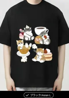 猫と食べ物のイラスト Tシャツ ブラック Lサイズ — image 1