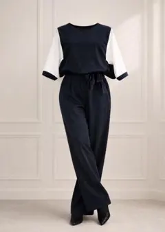 上品 バイカラー ツーピース M パンツ セットアップ 黒白 高見え — image 1