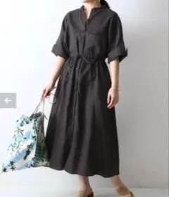 スピックアンドスパン リネン100%ドロストシャツワンピース チャコールグレー — image 1