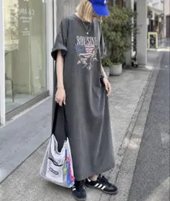 《JaVaジャバコラボ》綿100%ピグメント加工グラフィック ワンピース グレー — image 1