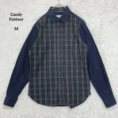 Candy Fantasy 切替チェック柄シャツ 長袖 ネイビー M コットン — image 1