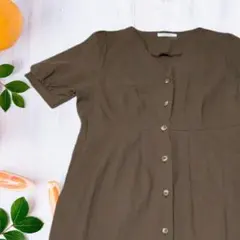 ロングワンピース　半袖　茶色　ブラウン　Ⅼ　XL　LL　2Ⅼ　ウエスト調整　古着 — image 1