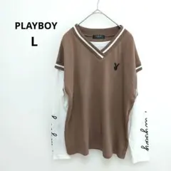 PLAYBOY プレイボーイ 重ね着風 カットソー ブラウン L 刺繍 袖ロゴ — image 1