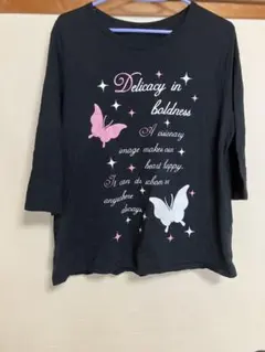 蝶々プリント 七分袖カットソー ブラック — image 1