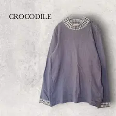 【上品】クロコダイル レディース L コットン100% 襟袖チェック グレー — image 1