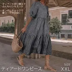 ティアードワンピース 半袖 ロングワンピース 大きめ ギンガムチェック柄 黒白 — image 1