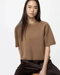 UNIQLO ウォッシャブルミラノリブセーター 半袖 M ブラウン — image 1