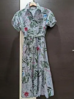 ZARA BASIC シャツワンピース ボタニカル柄 ストライプ ベルト付 — image 1