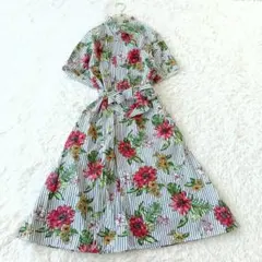 美品ザラZARA 　花柄ボタニカル柄 ストライプウエストリボン フレアワンピース — image 1