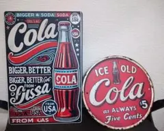 アメリカン雑貨　レトロ　コカコーラ看板　丸型＆四角　２枚セット — image 1