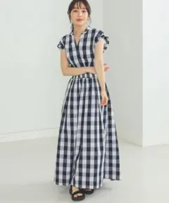 【美品】BEAMS HEARTチェック スキッパーネック ロングワンピース S — image 1