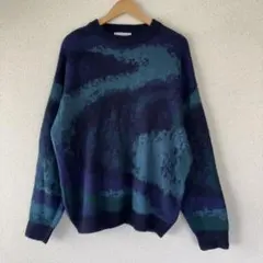 コンファーム CONFIRM 総柄ジャガードクルーネックニット セーター L 青 — image 1