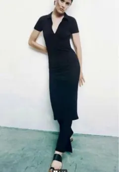 ZARA コットン リブ ポロネック ワンピ 黒 ブラック — image 1
