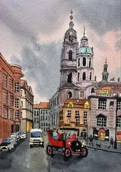 ヨーロッパ夕暮れの街角　水彩画　原画　手書き — image 1