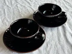丹波焼　アンティーク骨董品 黒釉鎬模様　コーヒーカップ2個セット。中古品未使用品 — image 1