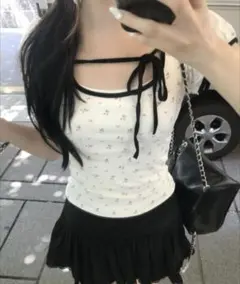 meowroom sona 花柄リボンTシャツ ホワ イト 韓国emmy — image 1