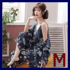 【残り1点】パジャマ　ルームウェア　　M　お花　ネイビー　青　スリーピース　韓国 — image 1