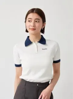 【美品】LOUNIE 復刻 ワンポイントポロニット オフ×ネイビー F 1回着用 — image 1