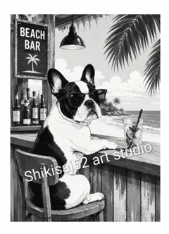 【フレンチブルドッグBEACH BAR モノクロアート】A4ポスター風 — image 1