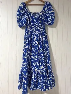 【美品】ZARA パフスリーブワンピース ブルー 総柄 XS（JP S） — image 1