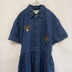 ★オリビアローズ 刺繍デニム風シャツワンピース コットン ＬＬ ロング丈 半袖 — image 1
