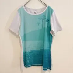 海外古着 ロキシー パームツリー柄 ラッシュガード 半袖 カットソー M 青 白 — image 1