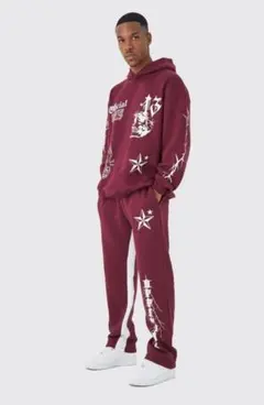 boohooMAN フーディー スウェット セット バーガンディ ストリート — image 1