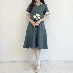 Fint スカラップ襟 半袖ワンピース グリーン — image 1