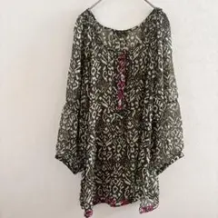 ★イントロ 総柄 チュニック ボリューム袖 ノーカラー L ブラウン シフォン — image 1
