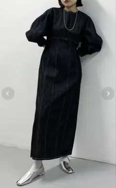 ★KBF★ブラックデニムワンピース ロング丈 パフスリーブ　バッグオープン — image 1