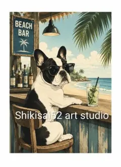 【フレンチブルドッグBEACH BAR】カラーアートポスターA4サイズ/海 — image 1