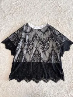 LABORATORY WORK レース デザイン 半袖 Tシャツ レーヨン混 M — image 1