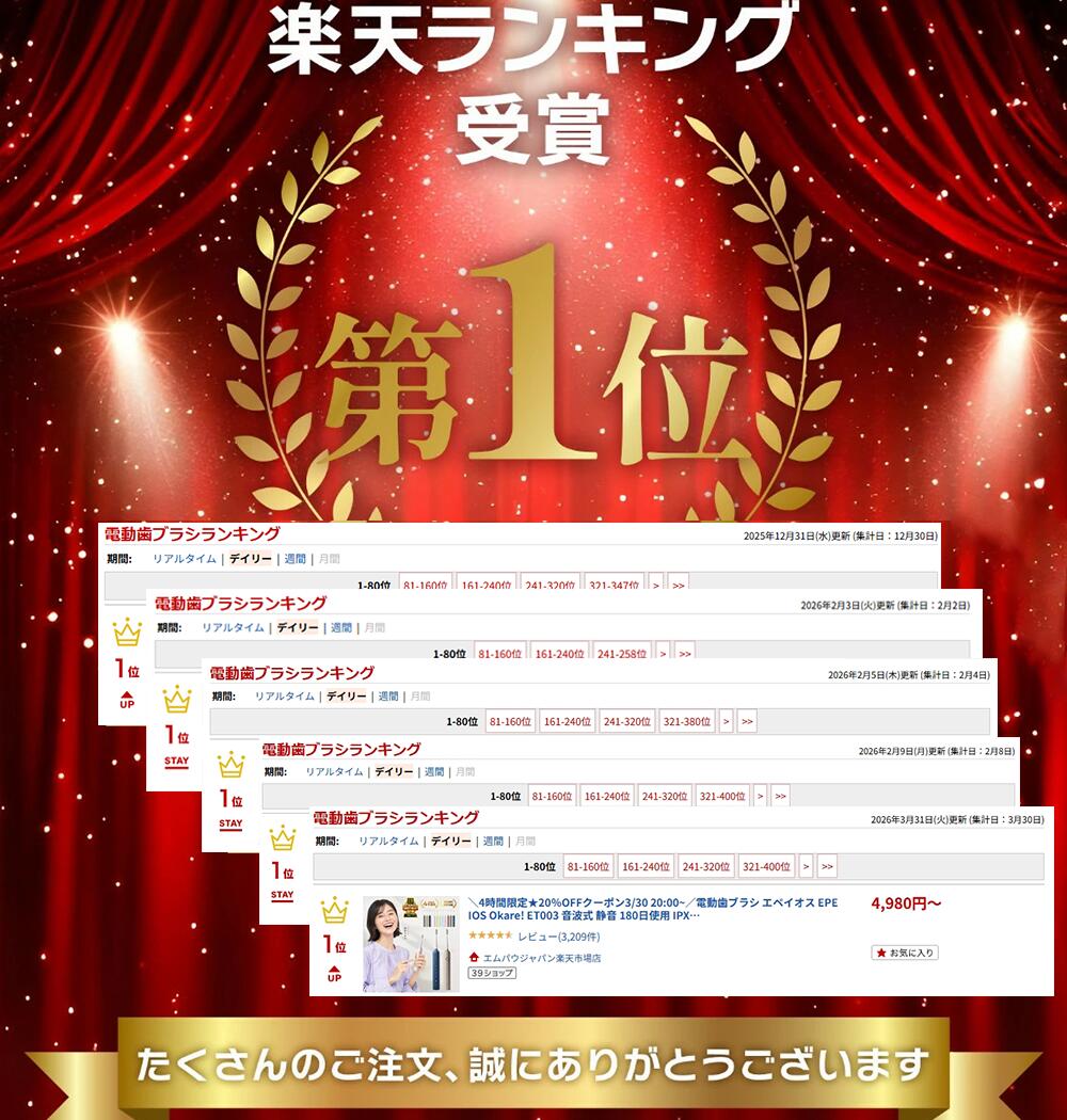 ＼期間限定★15％OFFクーポン／電動歯ブラシ エペイオス EPEIOS Okare! ET003 音波式 静音 180日使用 IPX7防水 USB充電 替えブラシ付 音波歯ブラシ デンタルケア 歯垢除去 プレゼント ギフト — image 3