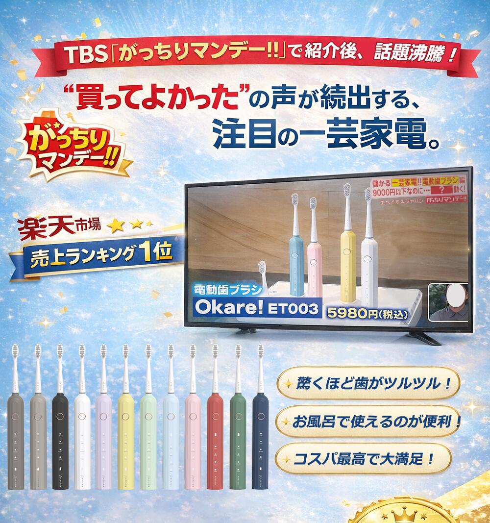 ＼期間限定★15％OFFクーポン／電動歯ブラシ エペイオス EPEIOS Okare! ET003 音波式 静音 180日使用 IPX7防水 USB充電 替えブラシ付 音波歯ブラシ デンタルケア 歯垢除去 プレゼント ギフト — image 2
