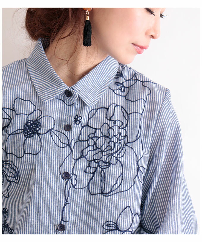 チュニック レディース チュニックシャツ シャツ 刺繍 刺繍シャツ 花刺繍 花柄 半袖 5分袖 ネイビー 夏服 春服 秋服 ミセス ミセスファッション 大人可愛い 30代 40代 50代 60代 サワアラモード sawaalamode otona 大人 kawaii 可愛い 洋服 かわいい服 mori 森ガール 婦人服 — image 2