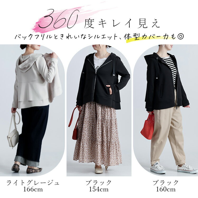 【楽天1位/再入荷】 きれいめフレアパーカー 2色 M L 洗える 長袖 レディースファッション アウター ジャケット パーカー シワになりにくい ストレッチ ダンボールニット 体型カバー フリル 春夏秋 メt 2631 【送料無料】 — image 3