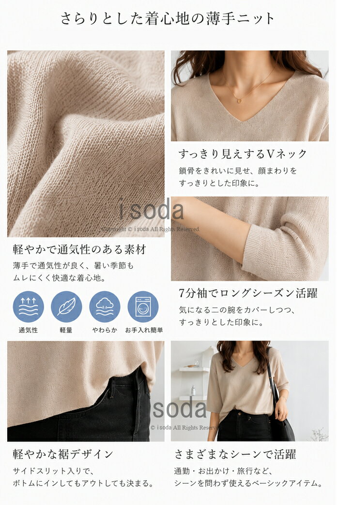 ブラウス レディース トップス ニット シャツ サマーニット Vネック セーター 半袖 ゆったり カジュアル レディース シャツ 五分袖 上品 きれいめ シンプル 無地 体型カバー 薄手 春 夏 通勤 オフィス OL ミセス 20代 30代 40代 50代 — image 3